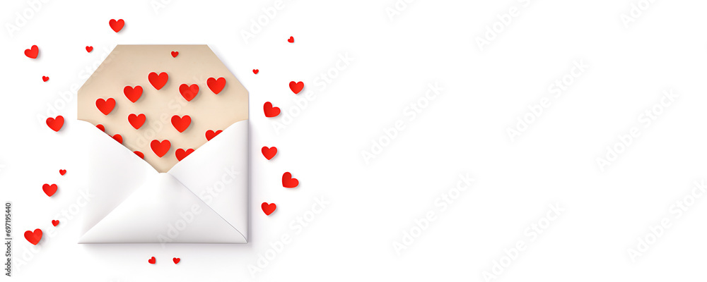 An open envelope with hearts inside it and with hearts flying out of it on a white background. Valentine's Day banner with copy space. An open envelope with hearts inside it and with hearts flying out of it on a white background. Valentine's Day banner with copy space.