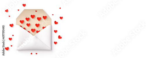 An open envelope with hearts inside it and with hearts flying out of it on a white background. Valentine's Day banner with copy space.