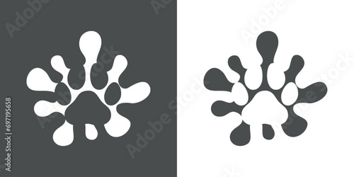 Logo pet friendly. Silueta de zarpa de perro o gato en salpicadura de líquido en espacio negativo para su uso en felicitaciones y tarjetas