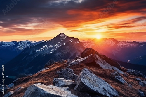 Inspirational Sunset in the Majestic Mountains - Motivational Concept, Generative ai
