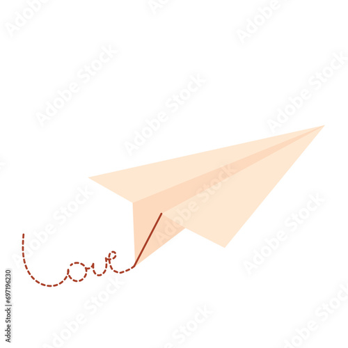 Paper airplane with the inscription love for valentine's day. Flying plane. 