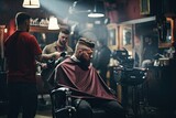 man getting a new trendy haircut or hairstyle with a professional male barber.