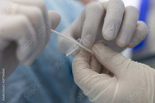 Using a cotton swab, the doctor takes a swab from the cat's nose and places it in a tube to be sent to the laboratory. Taking a swab from an animal's mucous membrane to test for infectious diseases. photo
