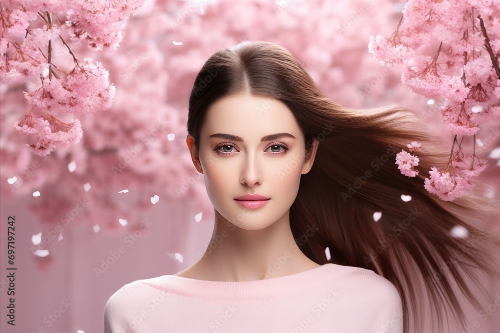 Elegant beauty. Tender portrait of a beautiful girl isolated on the soft pink flowers background Elegant beauty. Tender portrait of a beautiful girl isolated on the soft pink flowers background