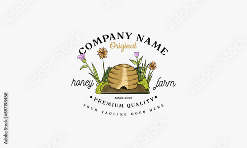 Vintage honey farm hand drawn logo template, Natural honey badge. Bees farm label, vintage honey product hand drawn badges and bee emblem.