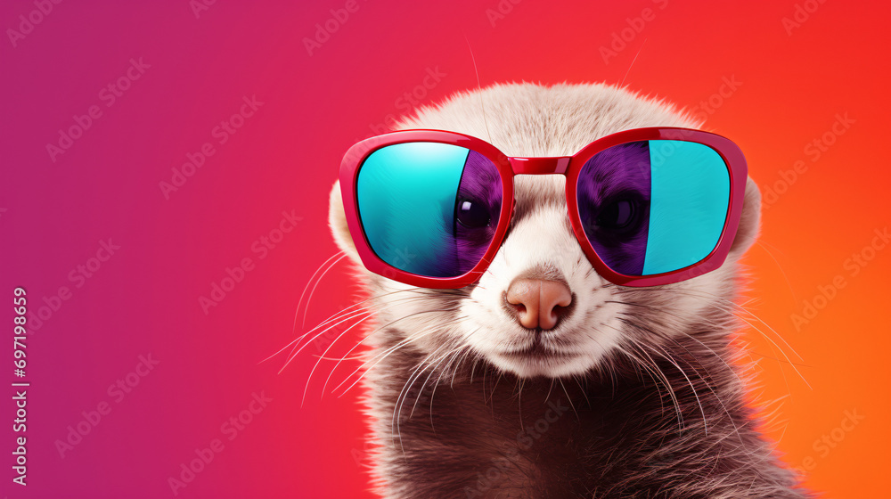 Ferret wearing sunglasses solid color background