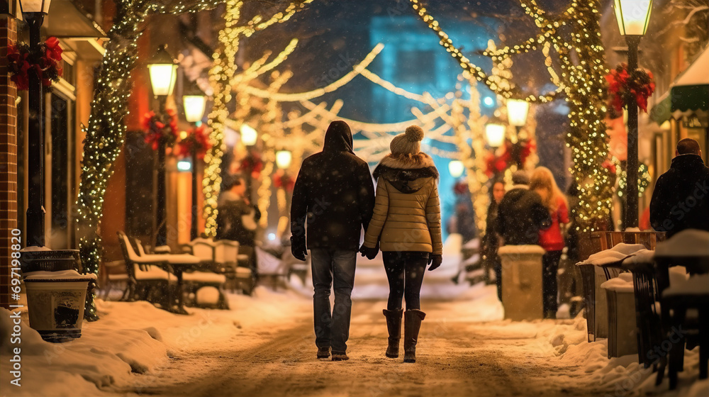 Together in Winter Bliss: Love's Path Through a Snow-Lit Downtown