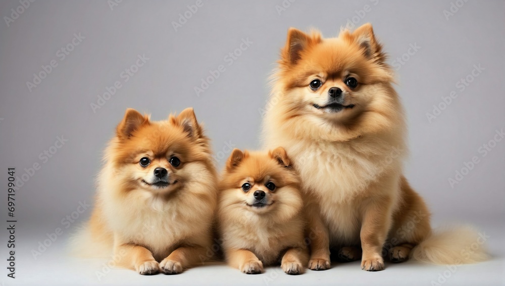 Portrait of two adult Pomeranians and one puppy seated together on a neutral background in a professional photography studio setting.