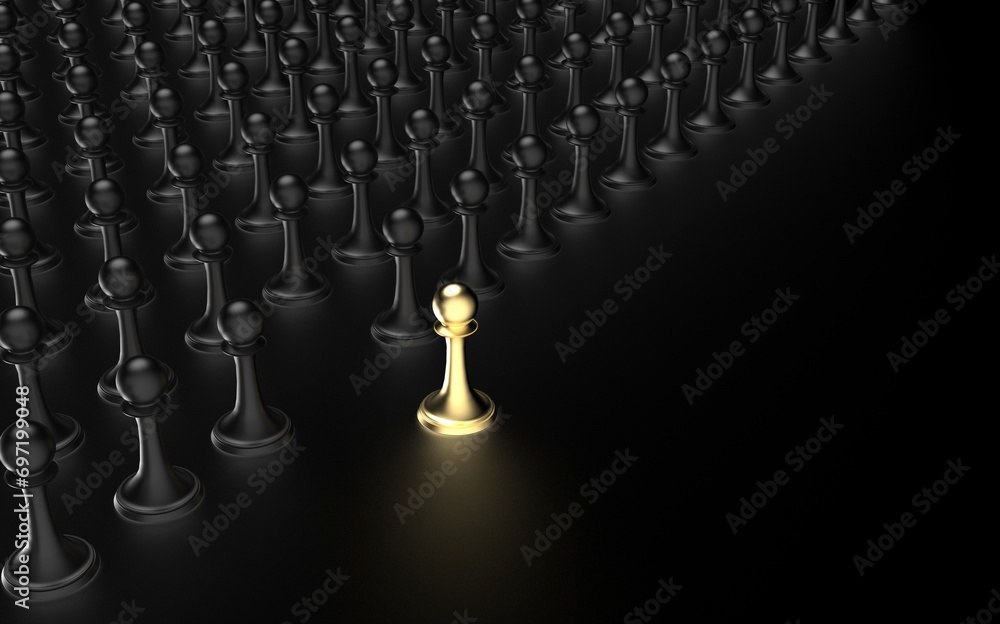 Fototapeta premium Outstanding, Leader of many pawns over black background plus a golden one. Concept of talent sourcing and spotted candidate