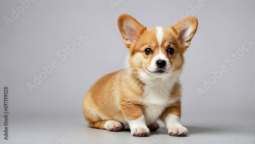 Adorable Pembroke Welsh Corgi puppy sitting with a soft neutral background in a clean and minimalist photography studio setting.