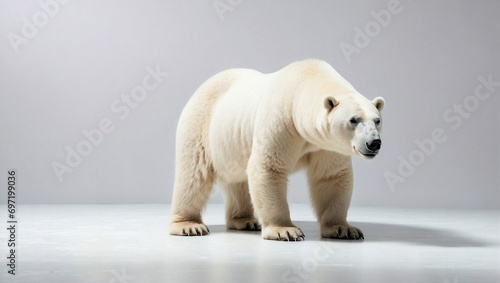 Majestic polar bear standing in a minimalist photography studio with a soft neutral backdrop, showcasing its powerful stature. © Tom