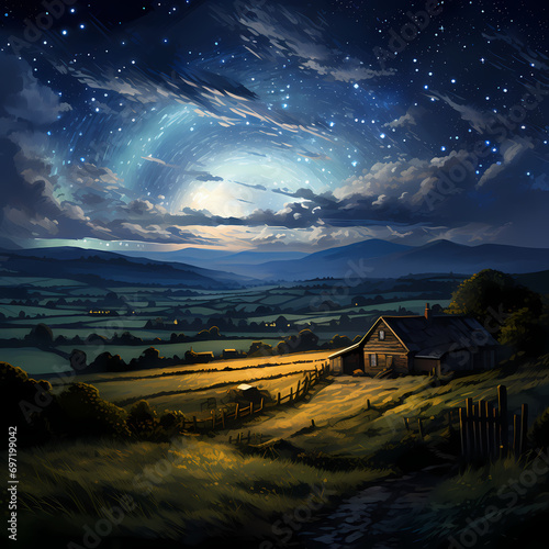 A starry night sky over a peaceful countryside. © Cao