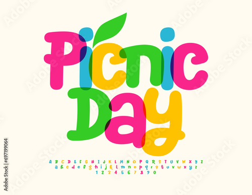 Vector recreational flyer Picnic Day. Funny Colorful Font. Bright Playful Alphabet Letters and Numbers.