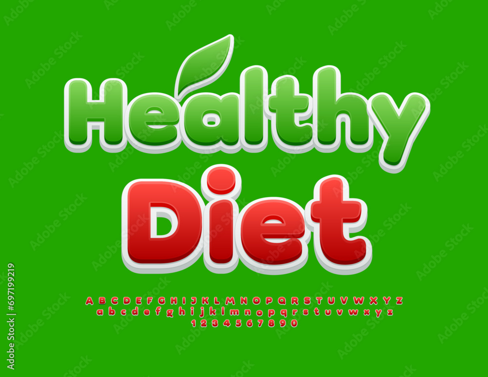 Vector eco template Healthy Diet. Creative Red Font. Bright 3D Alphabet Letters and Numbers. Vector eco template Healthy Diet. Creative Red Font. Bright 3D Alphabet Letters and Numbers.
