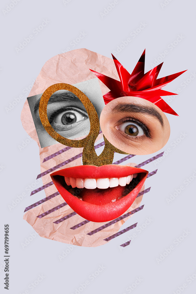 Obraz premium Vertical collage image different face parts divided mosaic psychedelic concept bipolar disorder mental health illness fragmented elements