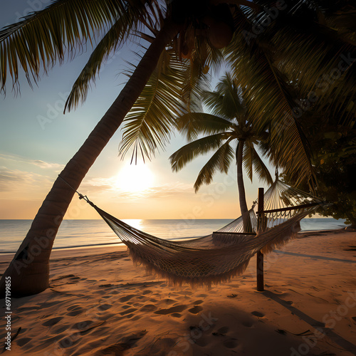 A hammock gently swaying between two palm trees on a secluded tropical beach. © Cao