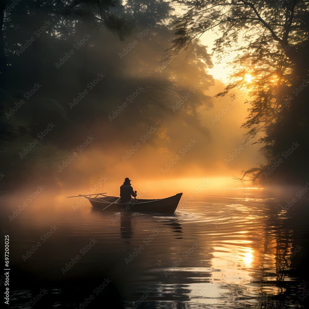 A lone angler in a small boat on a misty river at dawn