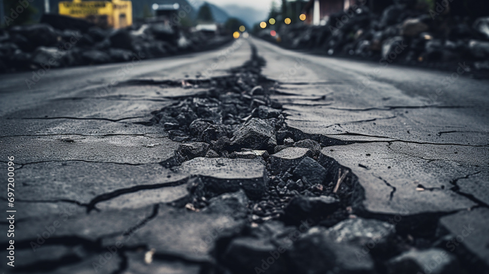 Cracked bad asphalt, generative AI - obrazy, fototapety, plakaty 