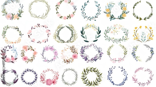 A set of frames. A wreath of delicate pink and white flowers on a light background.