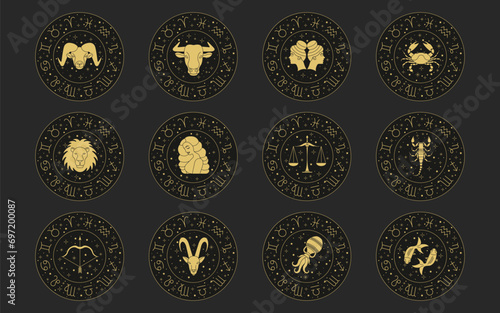 Zodiac astrology horoscope set. Celestial mystical zodiacal horoscope templates for logo, poster or card.