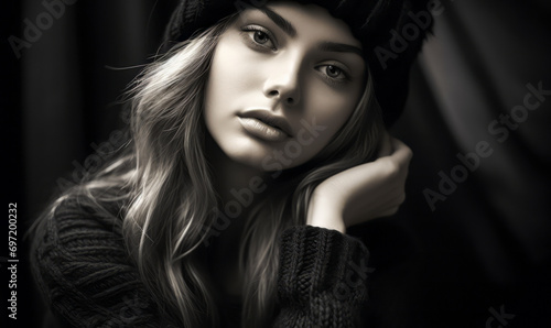 Monochrome portrait of a young woman with beret and sweater  looking thoughtful and serene