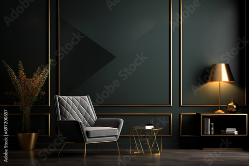 3d rendered Minimal dark style Modern living room interior design with modern chair