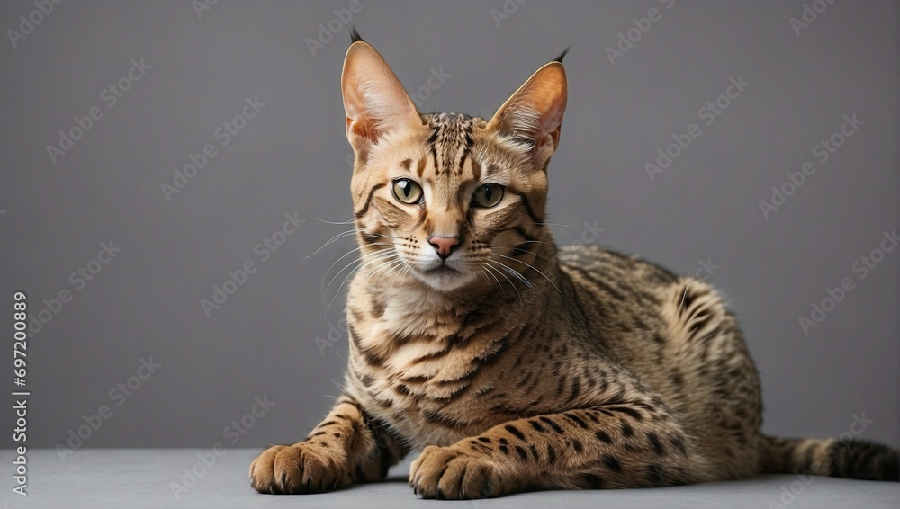 A Savannah cat with striking spotted fur and piercing eyes positioned regally in a minimalist photography studio setting.