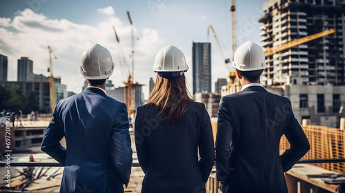 Trois professionnels en costume et casques de sécurité regardant un chantier de construction.