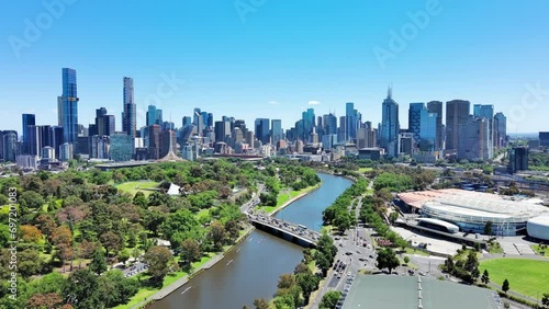Melbourne, Australia: Aerial view of skyscraper skyline of Melbourne central business district (CBD) in capital city of Australian state of Victoria, sunny day with clear blue sky photo