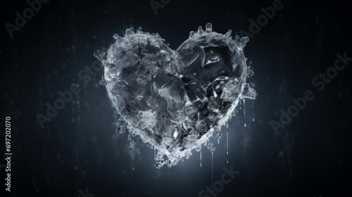 Ice cube in the shape of a heart. Frozen water crystals on a black background. Icy love.