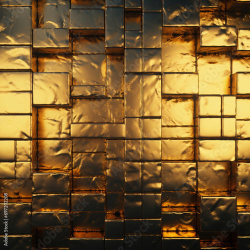 fotografia con detalle de superficie con multitud de piezas y pintura de color dorado metalico