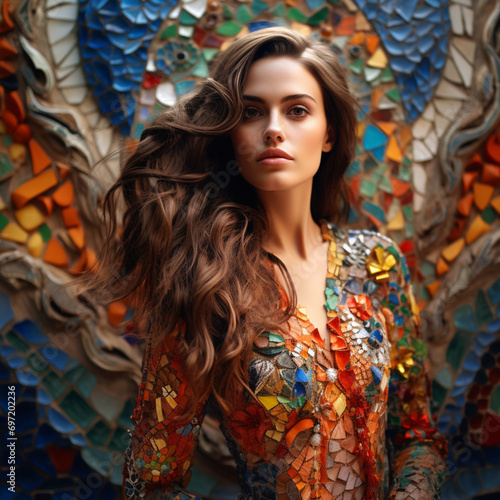 Fotografia de atractiva mujer con vestido de estilo mosaico