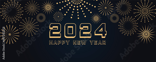 Happy new year 2024 design with modern text on dark background. Creative fireworks concept for banner, poster or any Background. photo