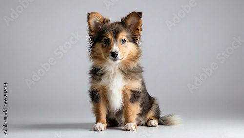 A young Sheltie puppy with expressive eyes and a lush tricolored coat sits adorably, its small paws and fluffy fur complementing the minimalist grey studio background.