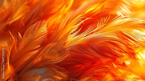 a close-up of bright and colorful feathers, predominantly in shades orange with hints of yellow and red. The texture appears soft and fluffy, creating a natural pattern.
