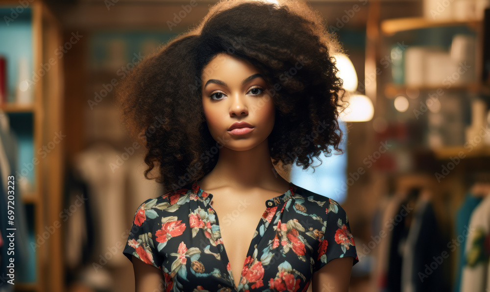 Confident Young Black Girl with Lush Curly Afro Hair Wearing Floral Dress in a Vintage Shop, Exuding Fashion and Elegance with a Hint of Retro Style