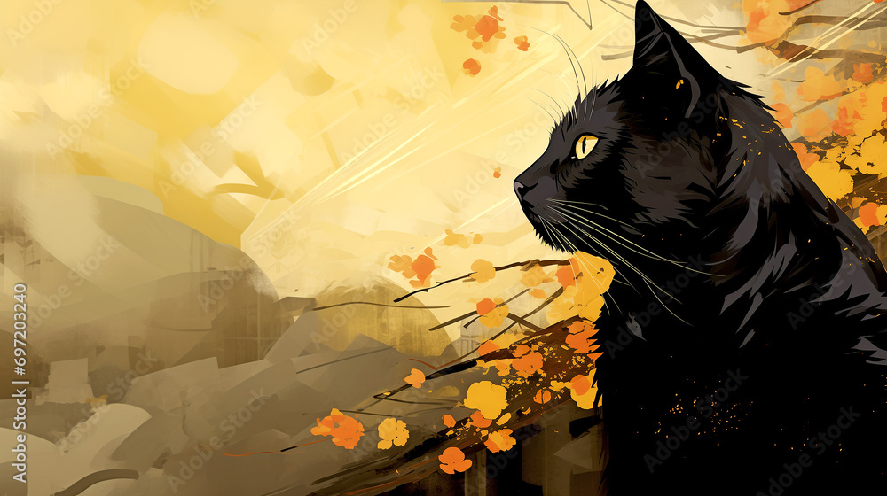 Wallpaper with a Black Cat in Japanese Style. Traditional Art of Japan