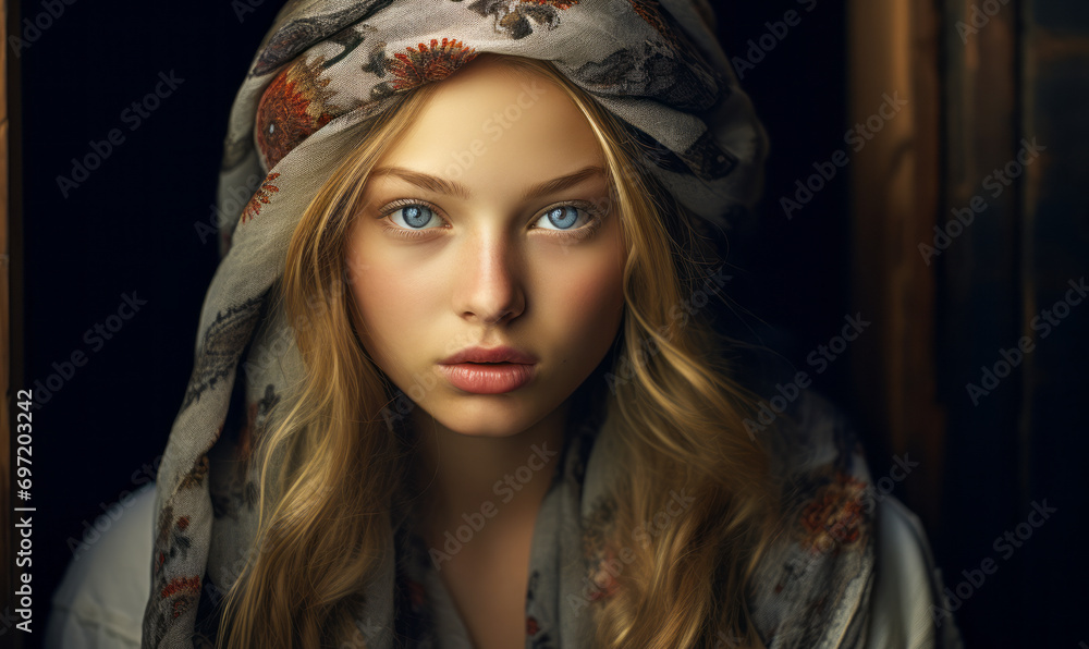 Serene Young Woman with Striking Blue Eyes Wrapped in Traditional Floral Scarf