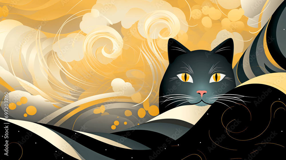 Wallpaper with a Black Cat in Japanese Style. Traditional Art of Japan