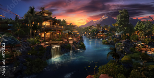 Wallpaper Mural Japanese Resort sunset view with wooden buildings and river in tropical landscape Torontodigital.ca
