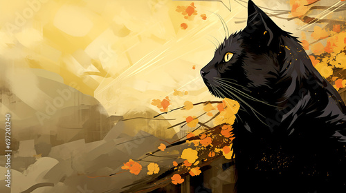 Wallpaper with a Black Cat in Japanese Style. Traditional Art of Japan. photo