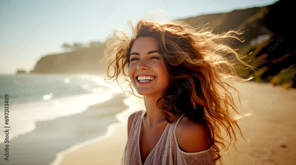 Happy Young Woman Relaxing on the Beach - Delightful Girl Enjoying the Freedom of Youth on a Sunny Day - Healthy Lifestyle Concept. Happy Young Woman Relaxing on the Beach - Delightful Girl Enjoying the Freedom of Youth on a Sunny Day - Healthy Lifestyle Concept.