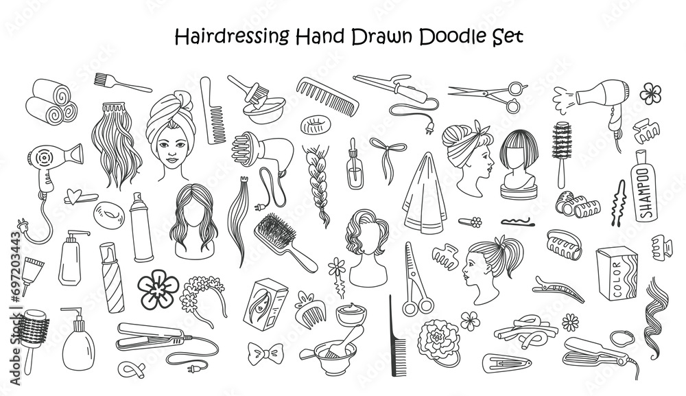 Hairdressing hand drawn doodle set. Beauty salon tools and equipment, various haircuts and hair styles. Hand drawn doodle Hair salon icons set. Vector illustration. Barber symbols collection.  - obrazy, fototapety, plakaty 