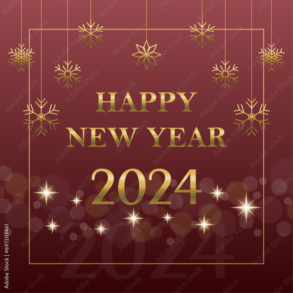 New year 2024 red gradient banner for social media with gold snowflakes, glowing stars and bokeh light on the background