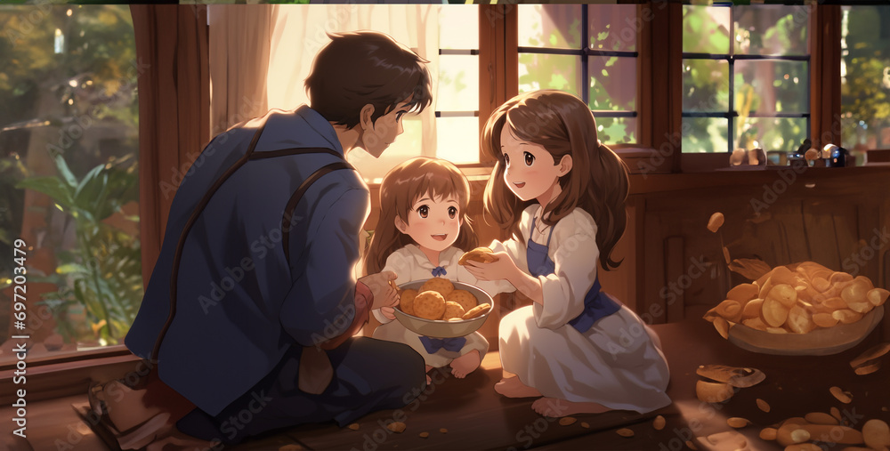 family in the kitchen, a little girl with brown hair grabbing a couple of cookie