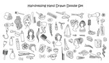 Hairdressing hand drawn doodle set. Beauty salon tools and equipment, various haircuts and hair styles. Hand drawn doodle Hair salon icons set. Vector illustration. Barber symbols collection. 