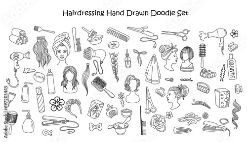 Hairdressing hand drawn doodle set. Beauty salon tools and equipment, various haircuts and hair styles. Hand drawn doodle Hair salon icons set. Vector illustration. Barber symbols collection.  photo