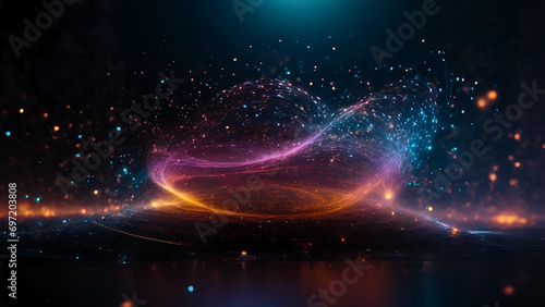 Abstract background with glowing lines and colourful particles swirl in cyberspace. 3D rendering illustration for graphic design. Digital data, science, virtual reality, technological, network concept