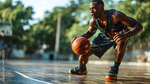 a person dribbling a basketball on an outdoor court. The setting is bright and sunny. photo