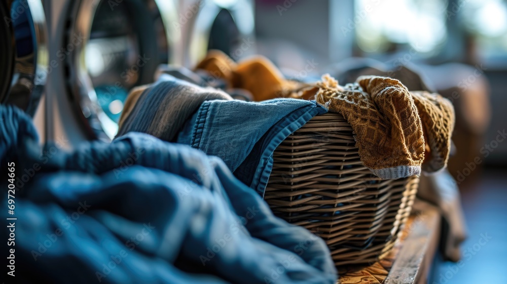 washing machine with full basket of denim and warm cloths at the apartment washing machine with full basket of denim and warm cloths at the apartment
